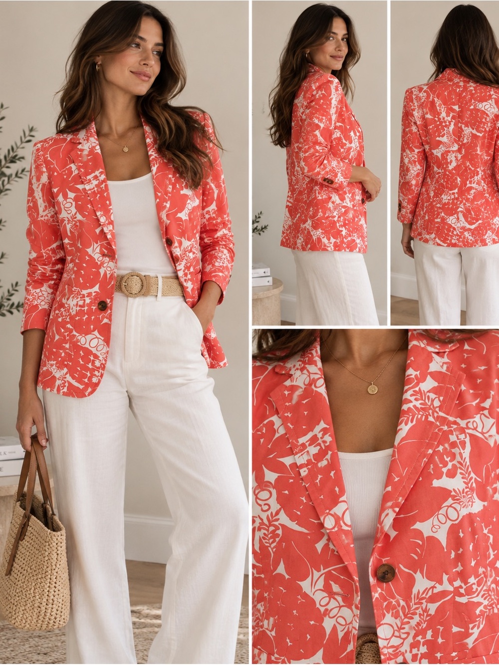 Talbots Coral Floral Cotton Blazer Size 6 Coastal Preppy Resort Chic